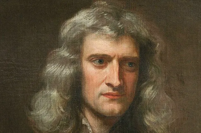 An oil painting portrait of Isaac Newton, a historical figure, with long gray hair and a serious expression.