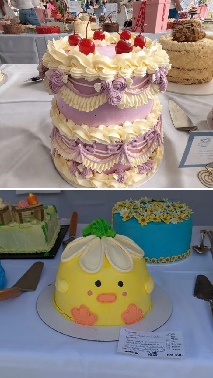 Purple and white layered cake decorated with cherries and cream swirls