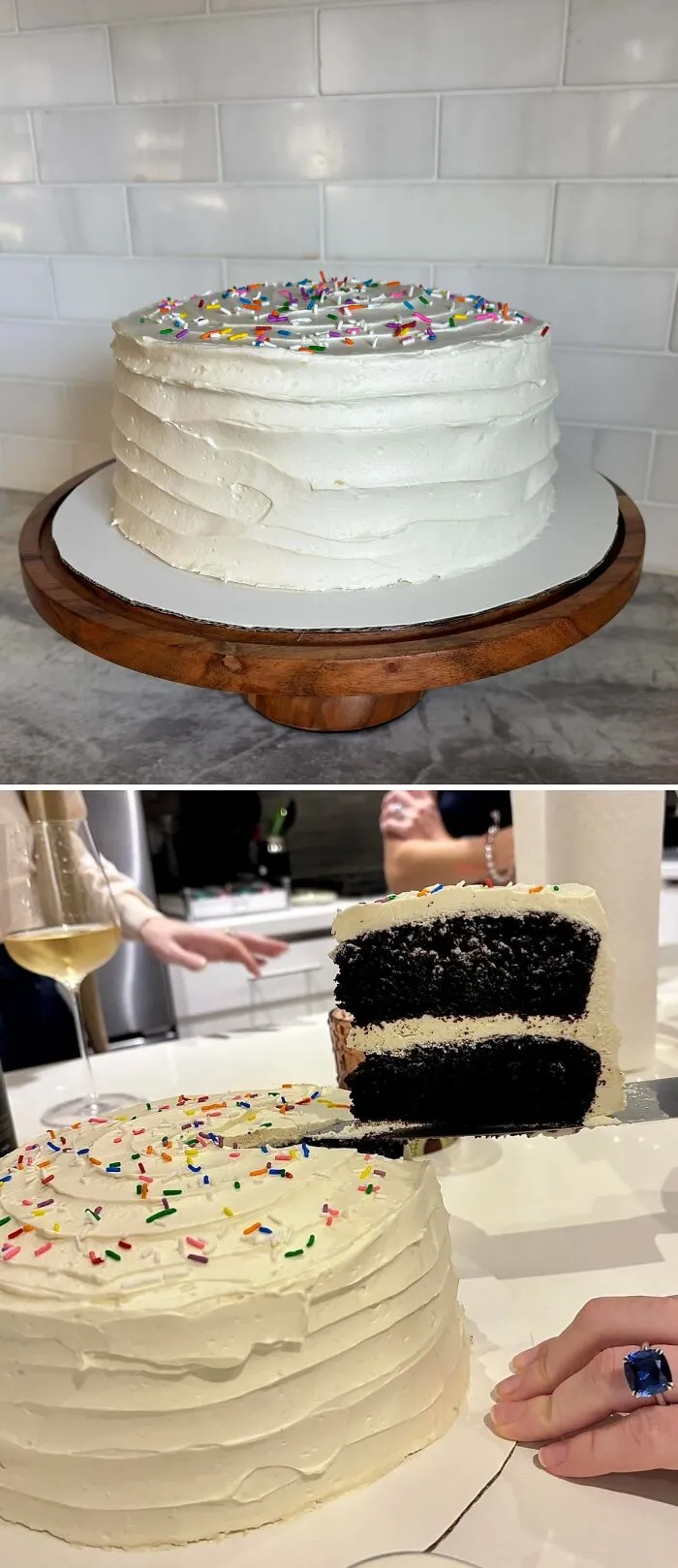 White frosted chocolate cake with colorful sprinkles and slice being served