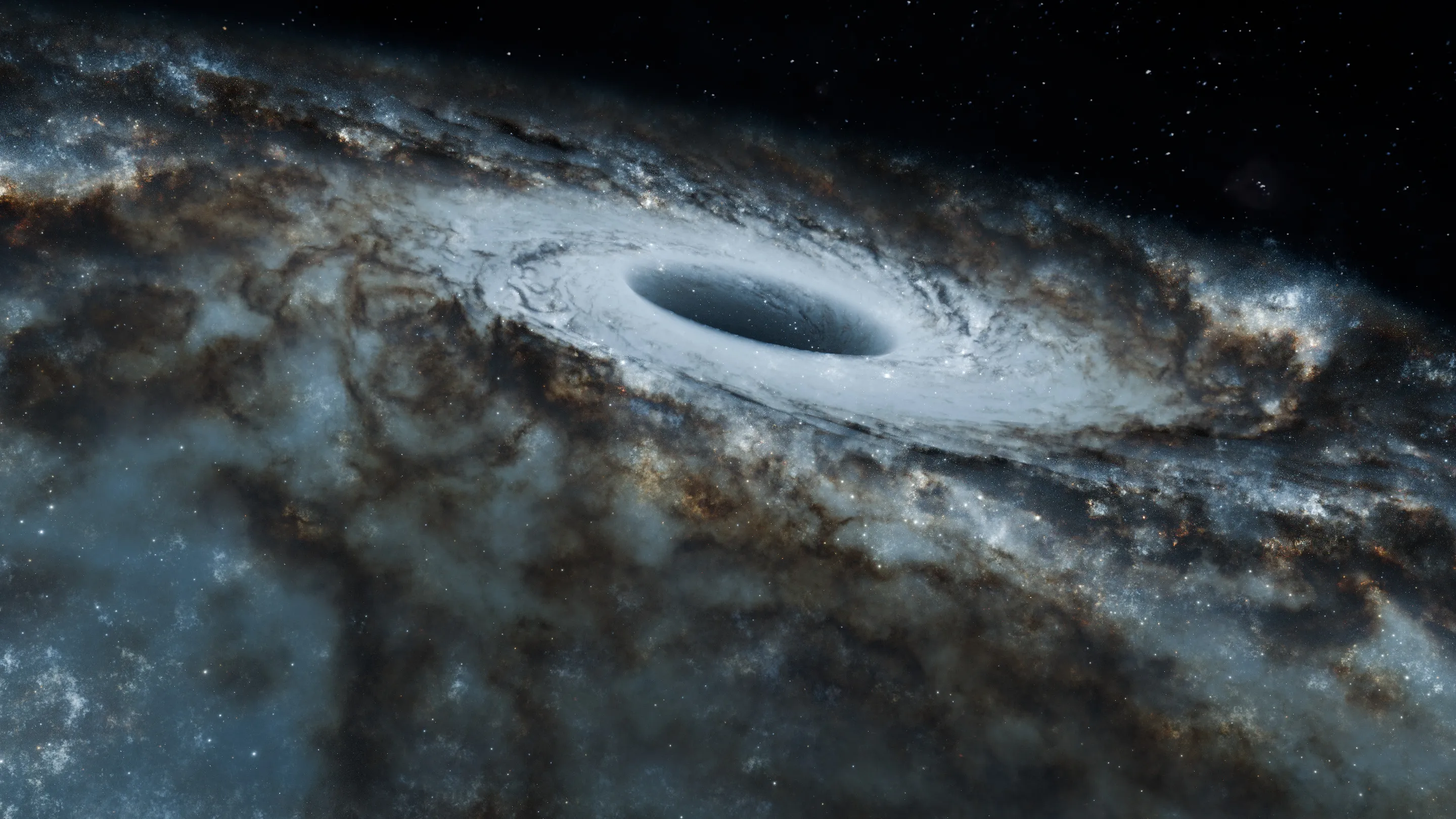 A swirling galaxy with a dark center, resembling a black hole, illustrating the theory of general relativity.