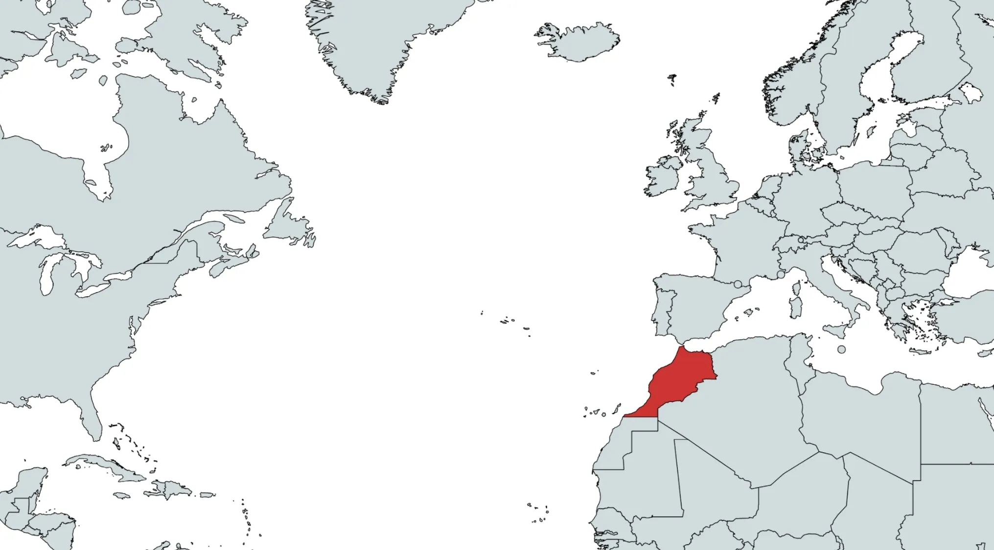A map showing the world, with Morocco highlighted in red. General Knowledge question: What country is highlighted on this map?