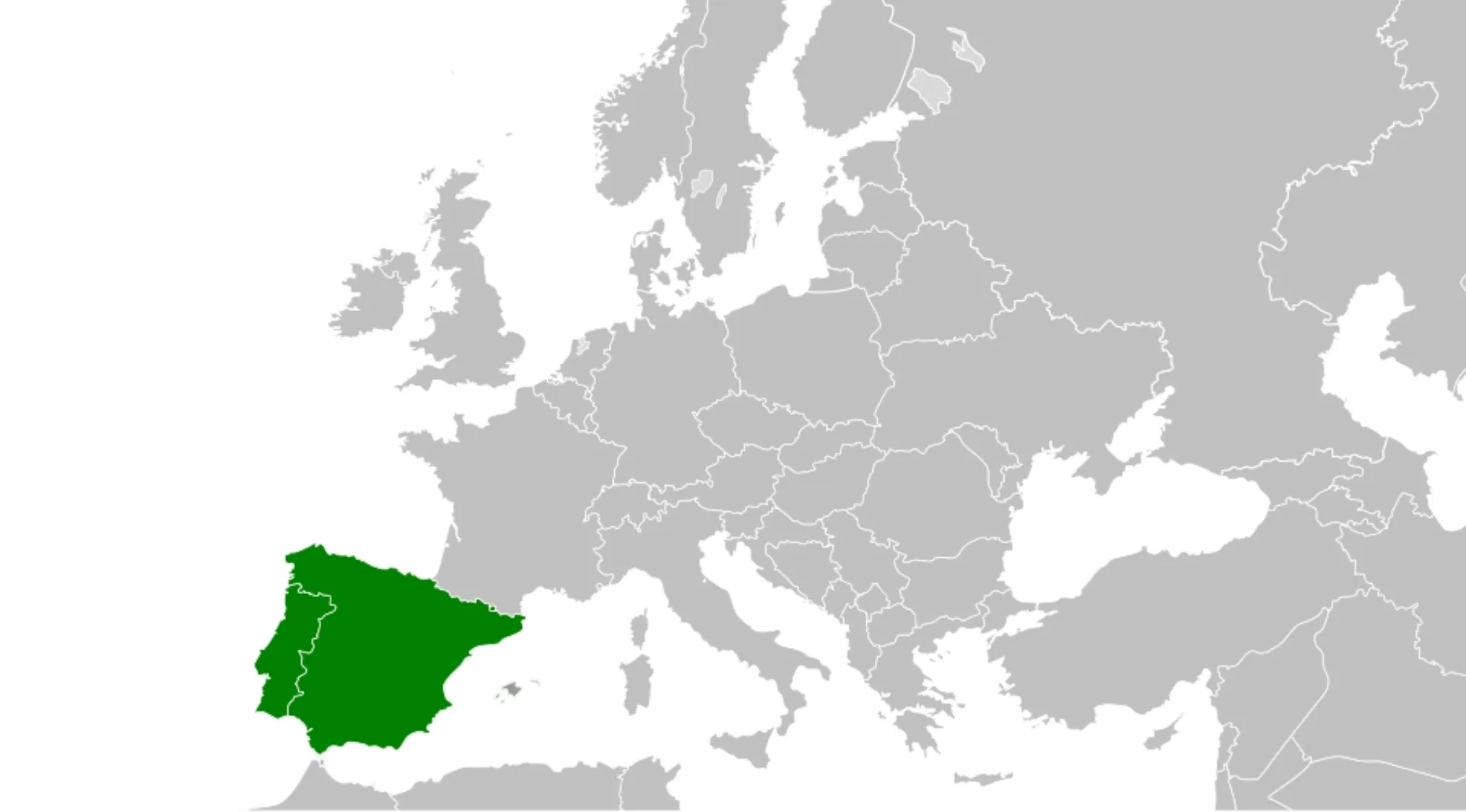 A map of Europe with the Iberian Peninsula (Spain and Portugal) highlighted in green. Test your general knowledge.