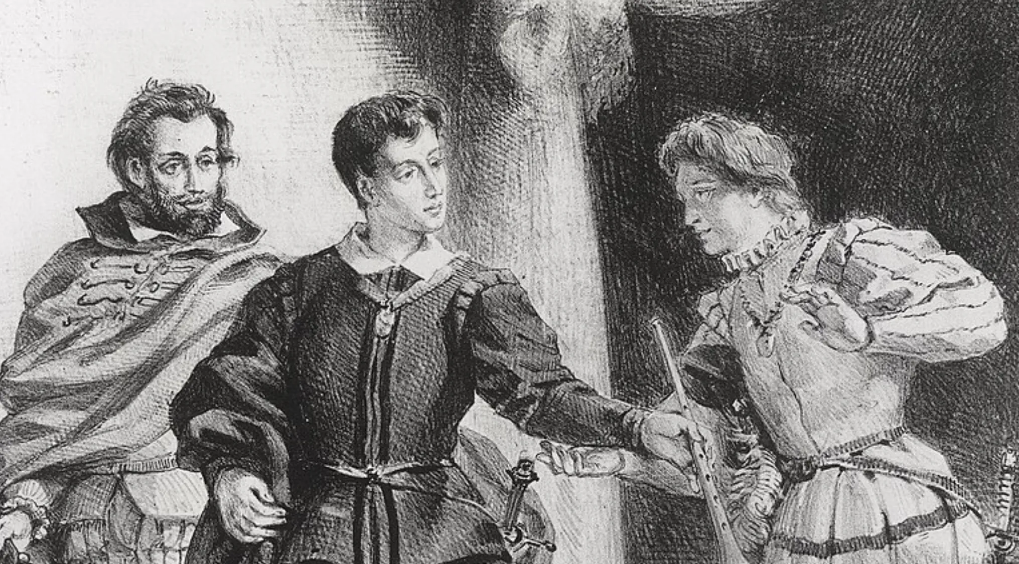 An illustration of three men in historical attire, possibly Rosencrantz and Guildenstern, for a General Knowledge Test.