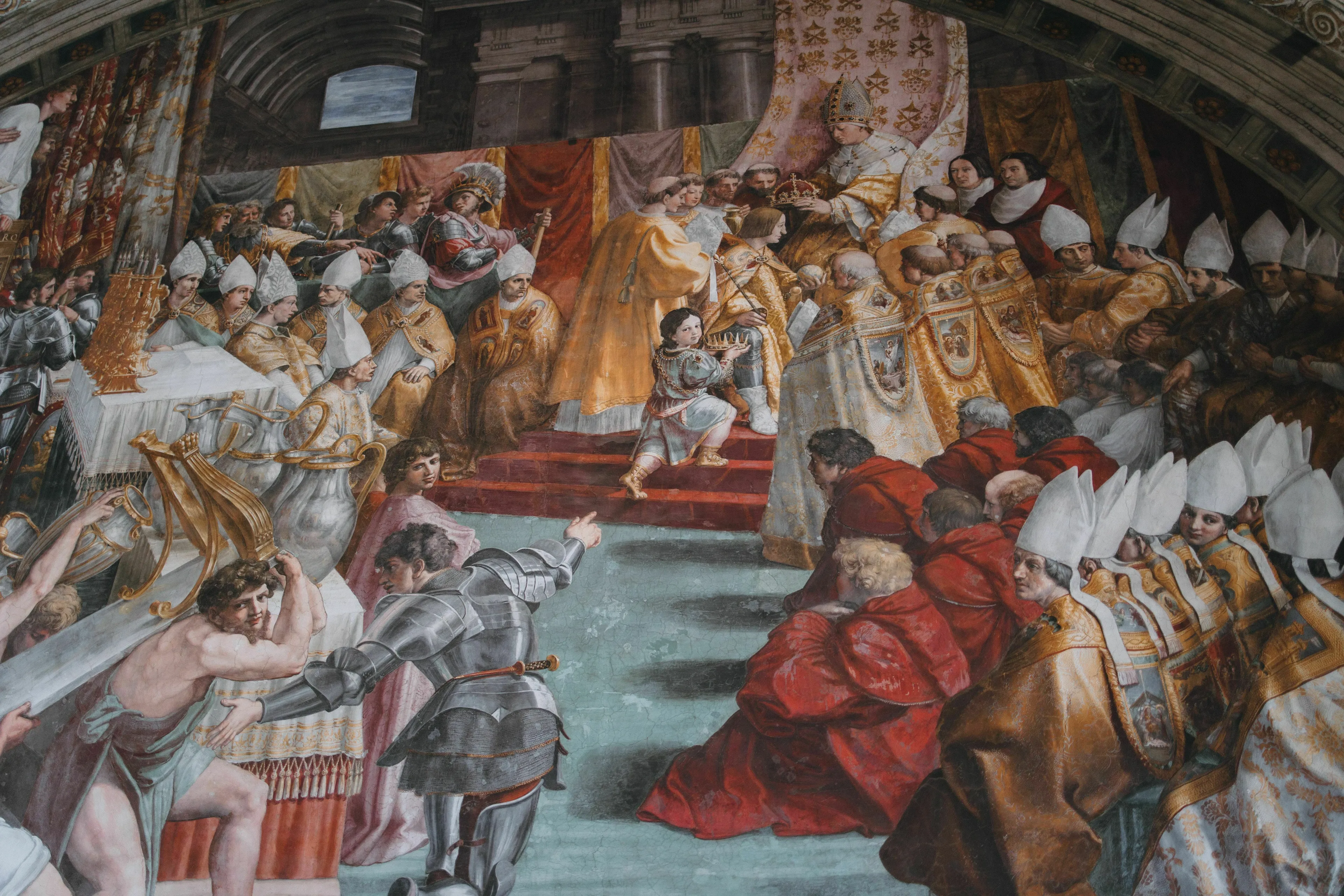 A classical painting depicts religious leaders, including a pope, at a coronation, representing a theocracy. Hard General Knowledge Test.