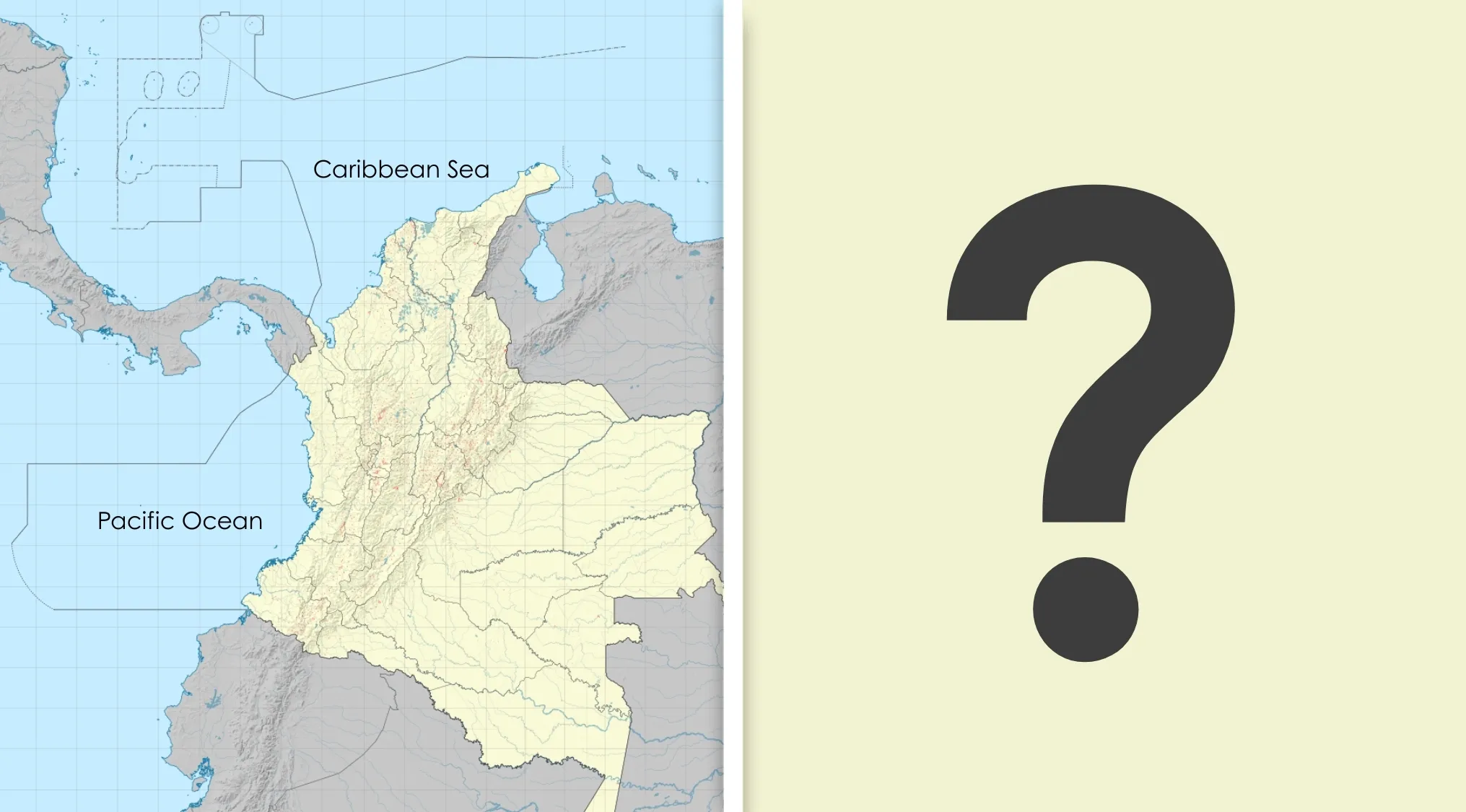 Map of Colombia showing Pacific and Caribbean coastlines, next to a large question mark. Hard General Knowledge Test for high IQs.