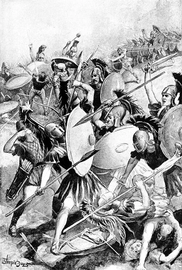 A chaotic, black and white illustration of ancient Greek warriors battling, spears and shields clashing. General knowledge test for High IQs.