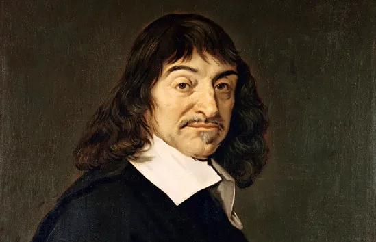 Painting of philosopher René Descartes, a man with long dark hair, a mustache, and a goatee, wearing a dark coat and white collar.
