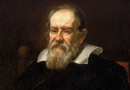 Portrait painting of Galileo Galilei, a scientist with a long white beard and a white collar against a dark background.