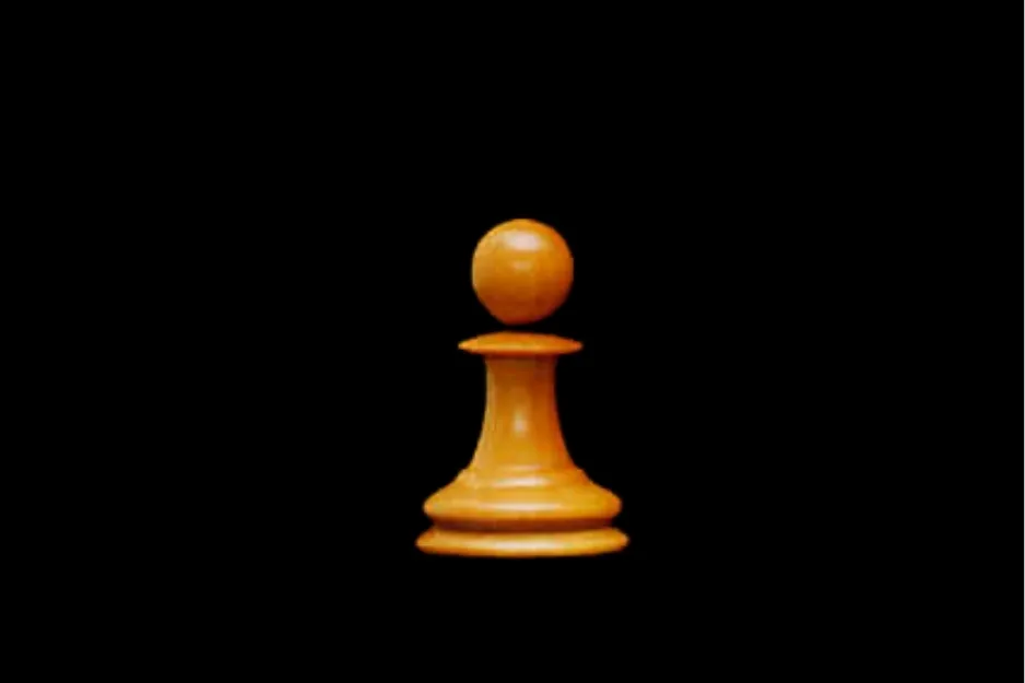 A white chess piece stands alone against a black background. This piece is a pawn. Chess piece can move only diagonally.