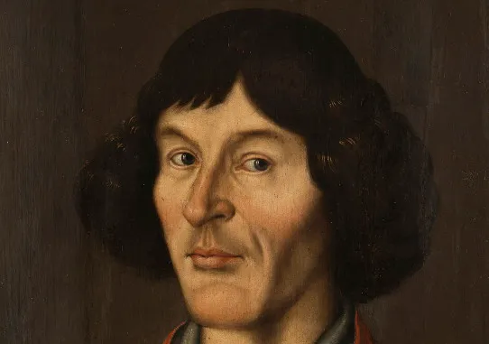 A portrait of Nicolaus Copernicus, the scientist who proposed the heliocentric model, looking at the viewer.