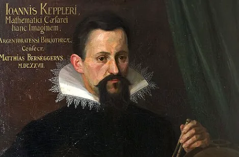 Painting of Johannes Kepler, the scientist who proposed the heliocentric model, holding a compass and a globe.