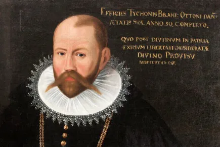 Oil painting portrait of Tycho Brahe, a scientist with a reddish beard and mustache, wearing a white ruff collar.