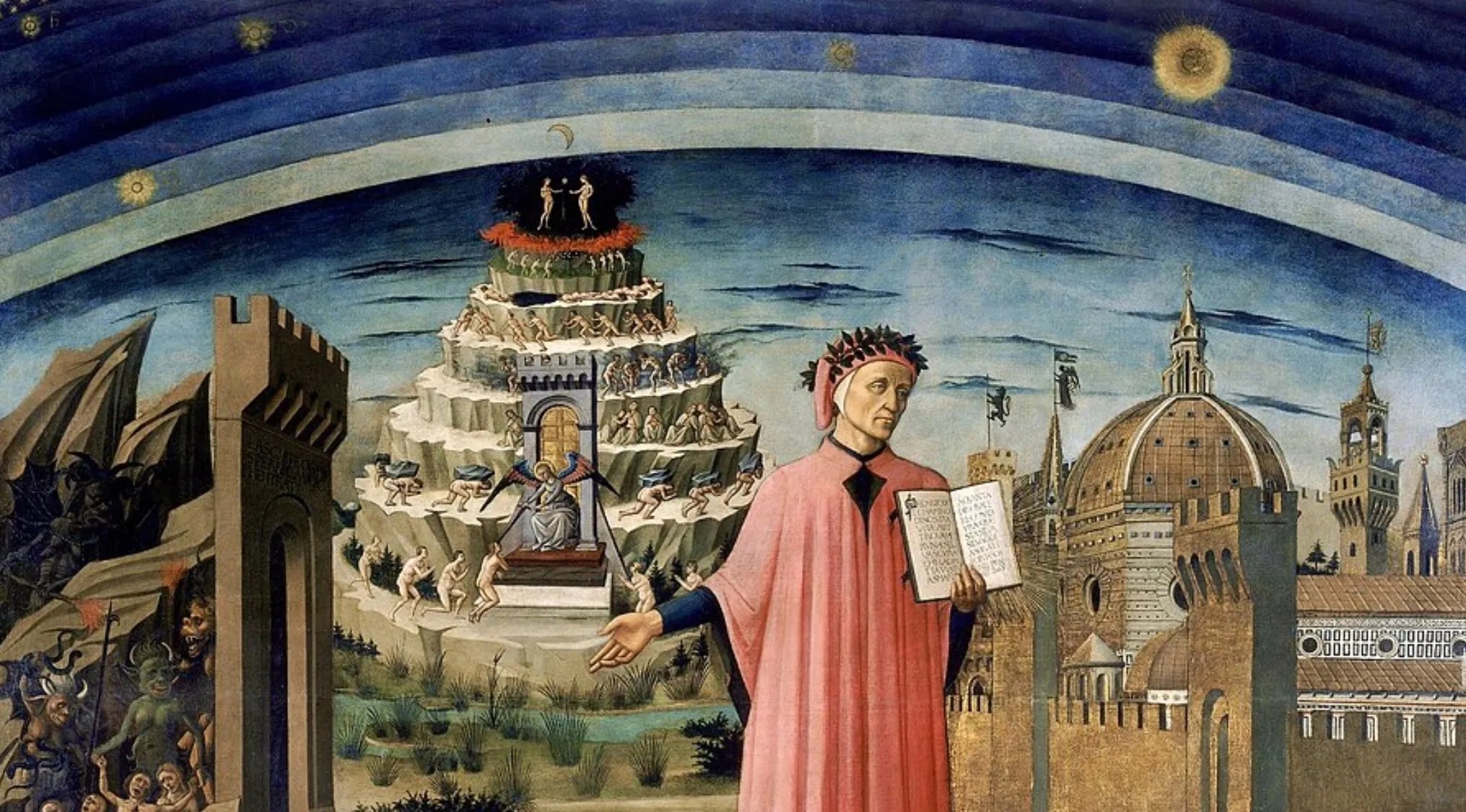 Dante Alighieri in pink, holding The Divine Comedy, with scenes of Hell, Purgatory, and Florence in the background. Well-read.