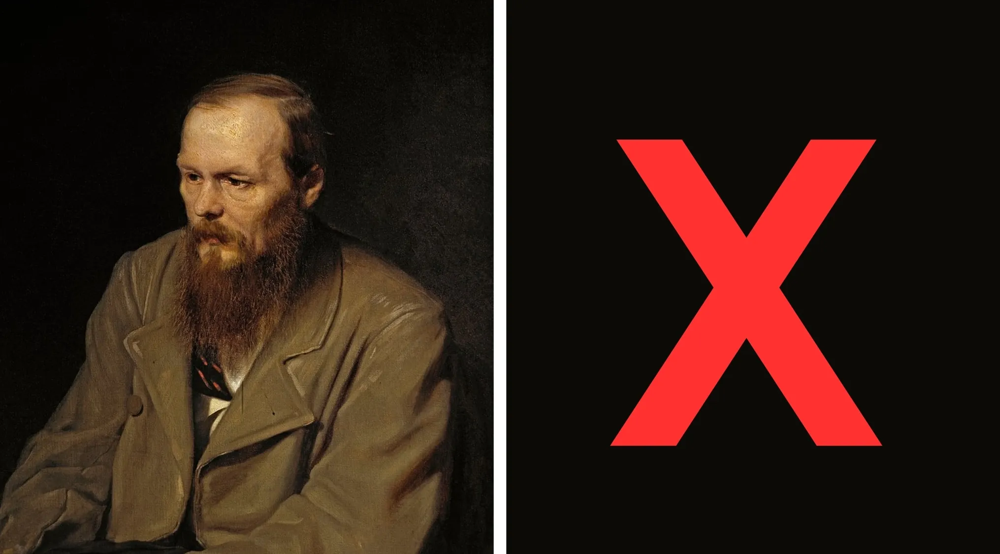 Portrait of Fyodor Dostoevsky next to a large red X on a black background, part of a quiz on well-read books.