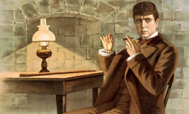 An illustration of Sherlock Holmes in a brown suit and deerstalker cap, holding a pipe, next to a lit lamp. Well-Read quiz.