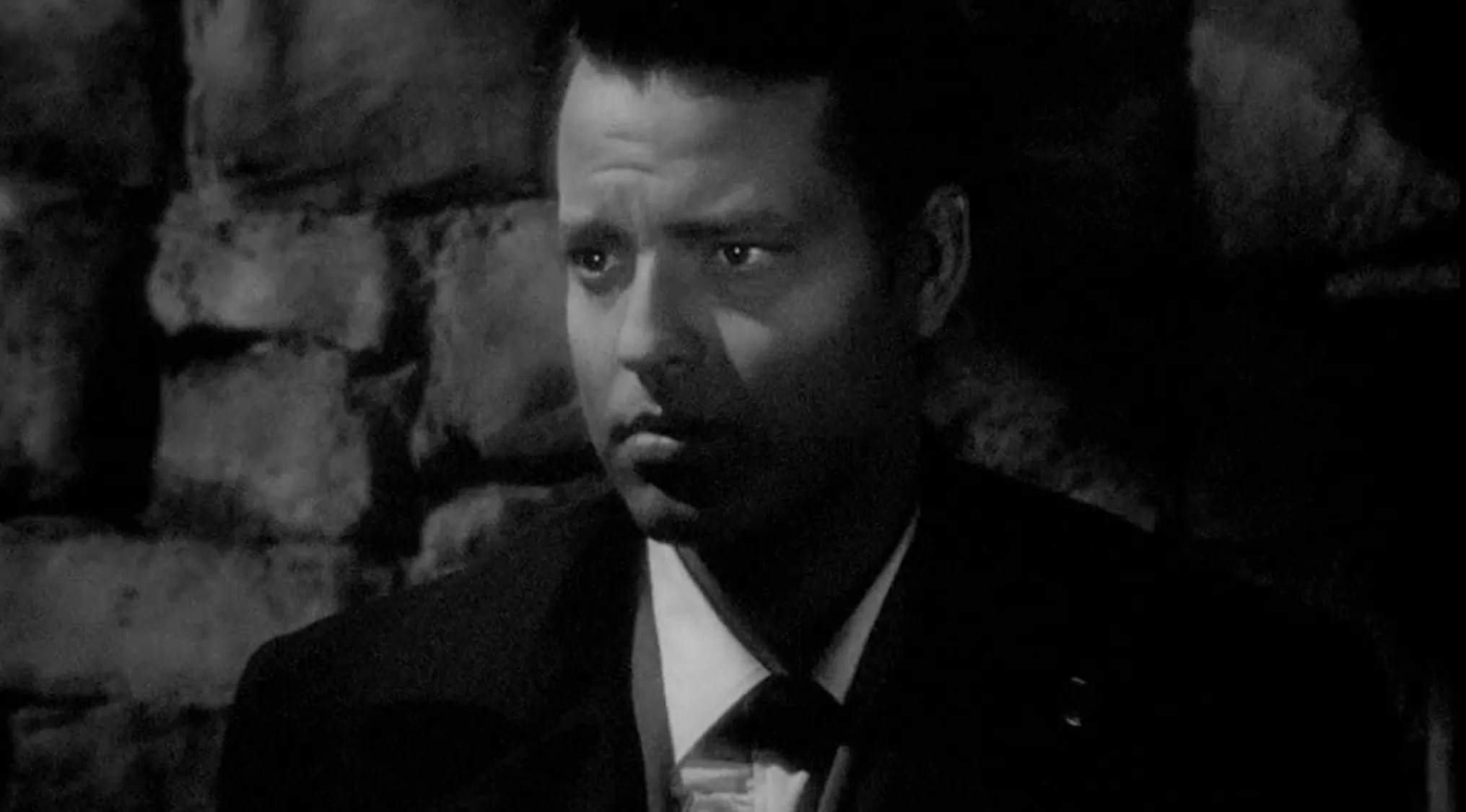 A well-read man, lit in shadows, wears a suit and tie against a stone wall. He looks serious, like Mr. Rochester hiding a secret.