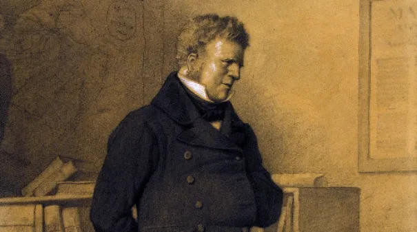 A drawing of a man, possibly Jean Valjean, with tousled hair, wearing a dark coat and cravat, looking down. Kindness.