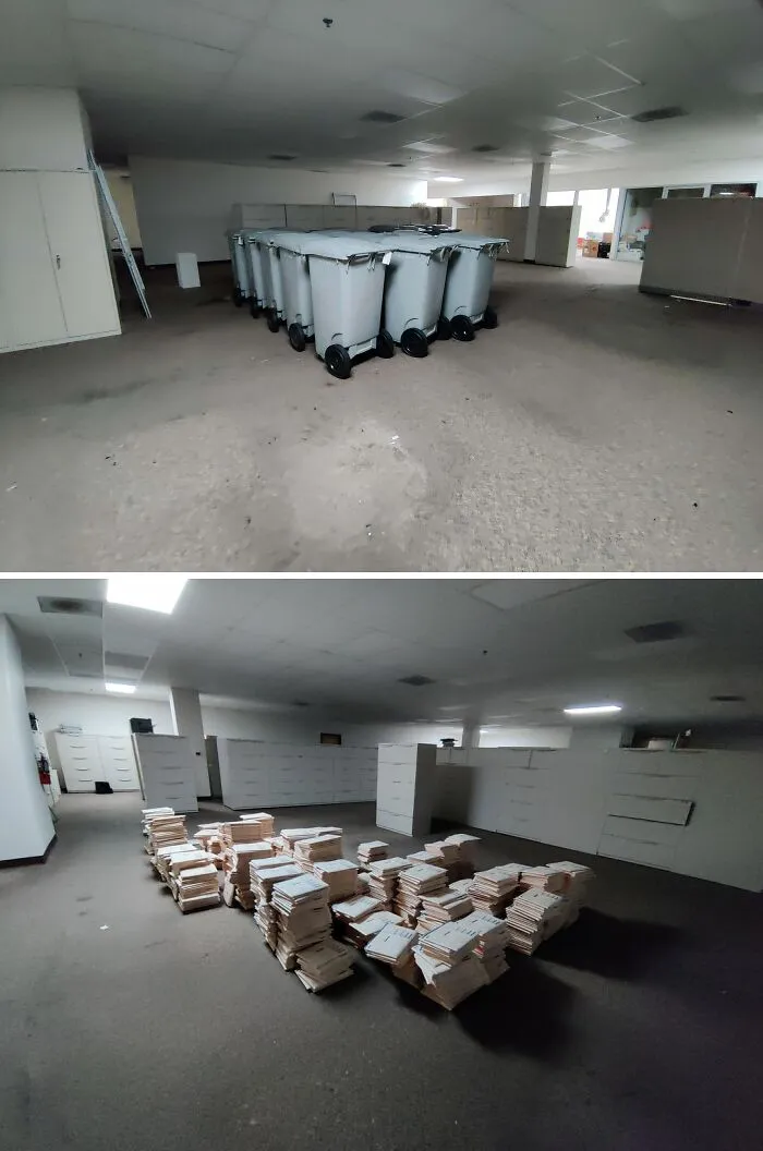 An unsettling image showcasing two different liminal spaces: a room with trash cans and another with stacks of papers.