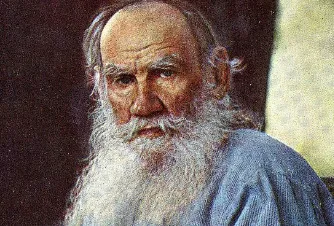 Portrait of Leo Tolstoy, a distinguished author with a long white beard and gray hair, a true literary Nobel Prize figure.