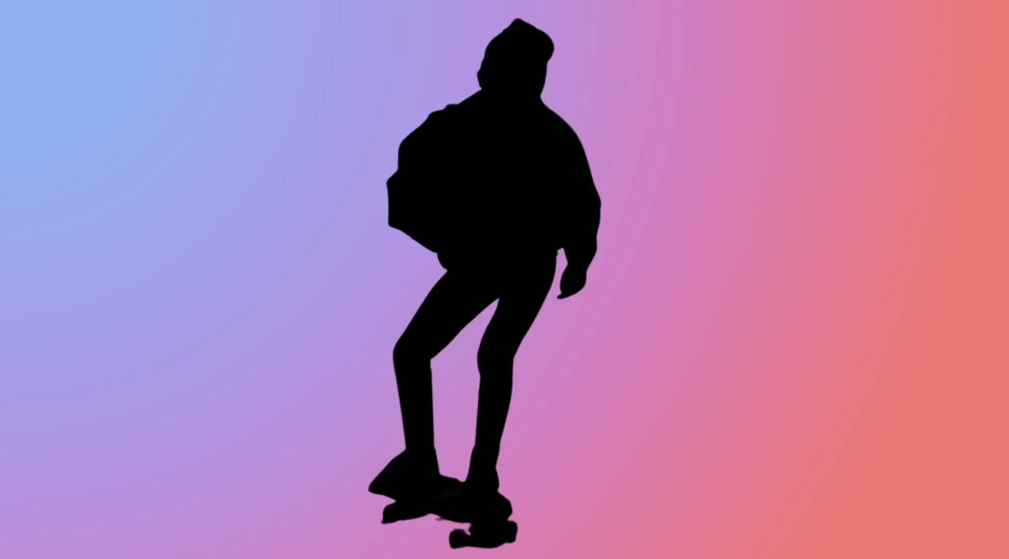 A black silhouette of a person on a skateboard, posed against a vibrant gradient background.