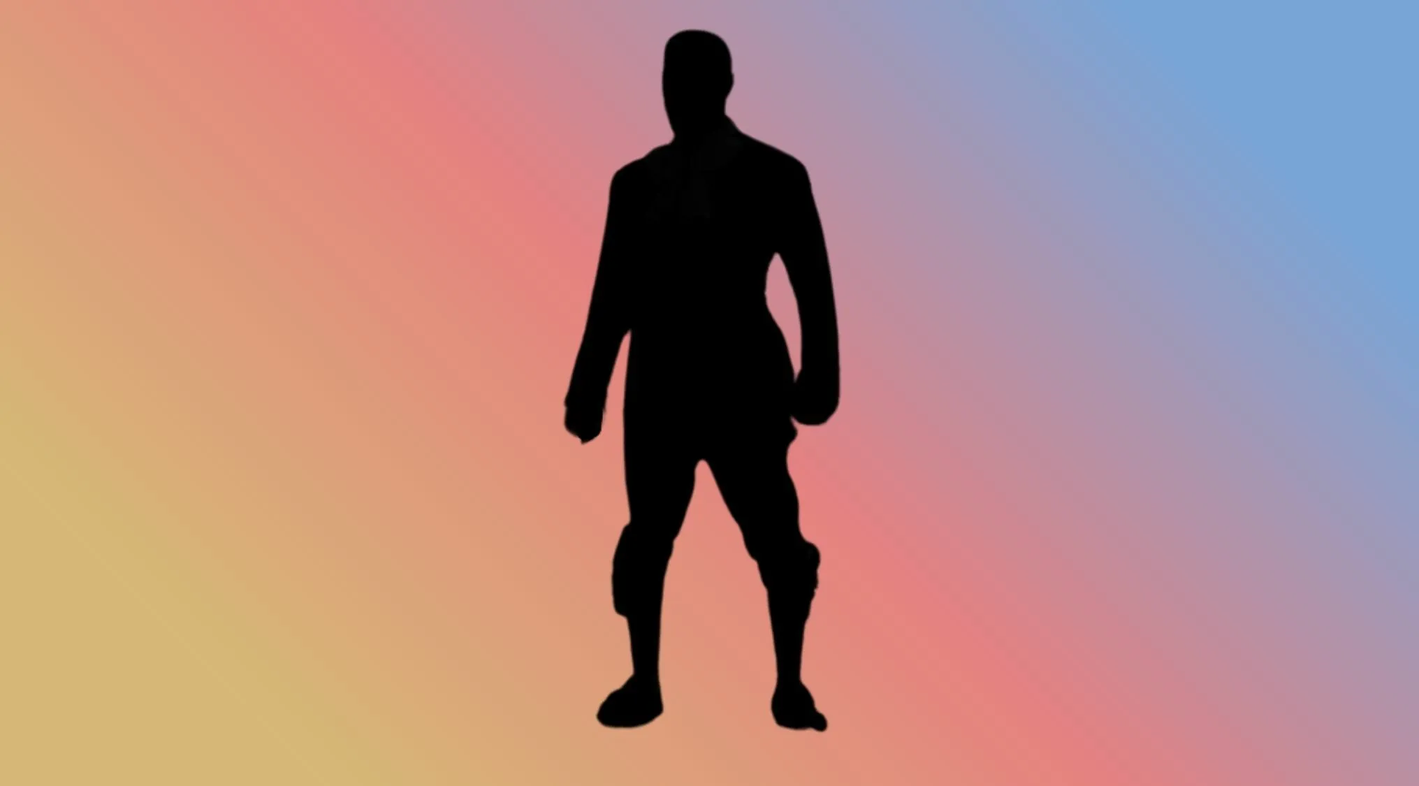A black silhouette of a standing person, wearing long pants and sleeves, against a colorful gradient background.