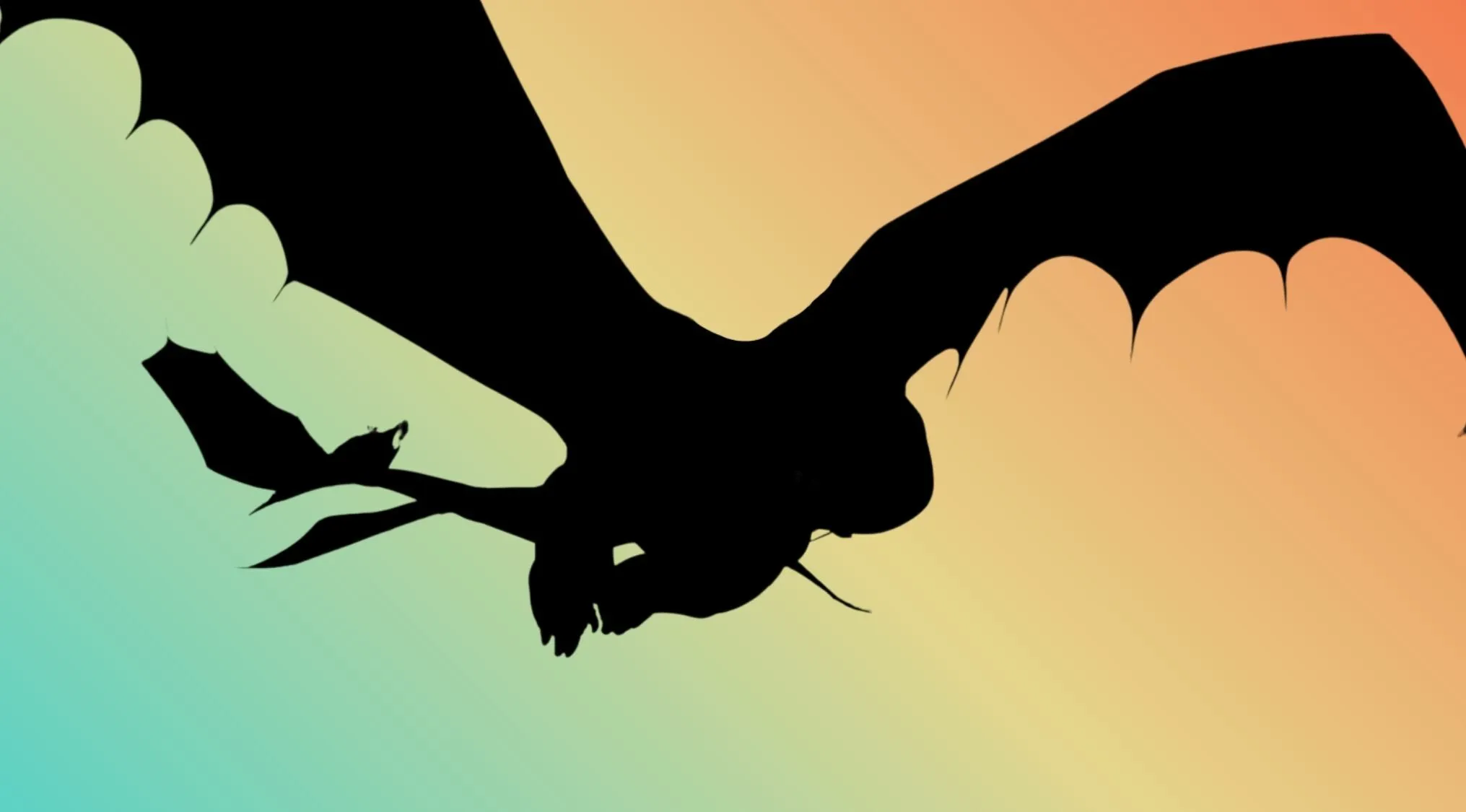 Silhouette of a flying dragon against a colorful gradient background.