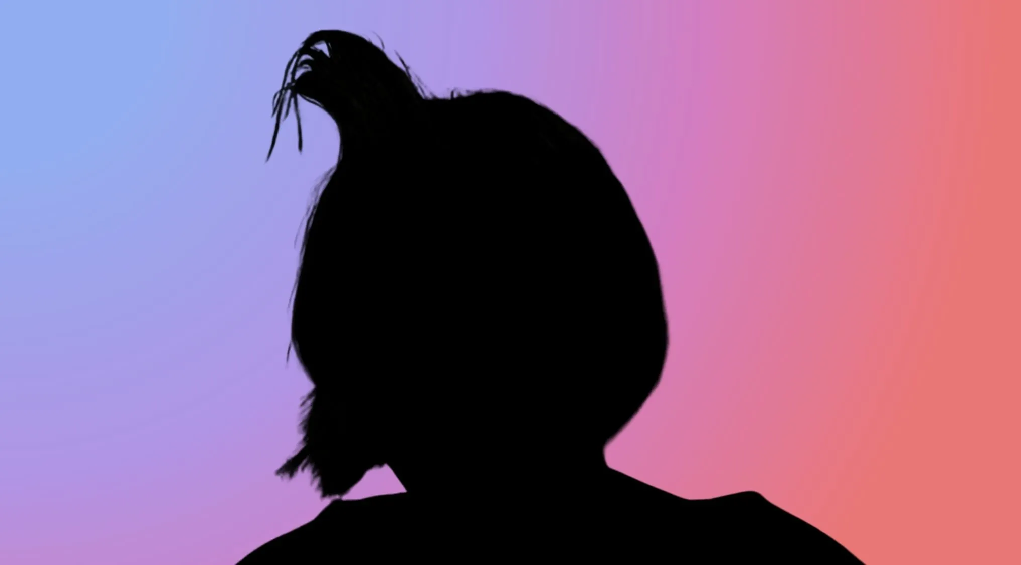 Character silhouettes: A female character with styled hair, from a film, against a colorful gradient background.