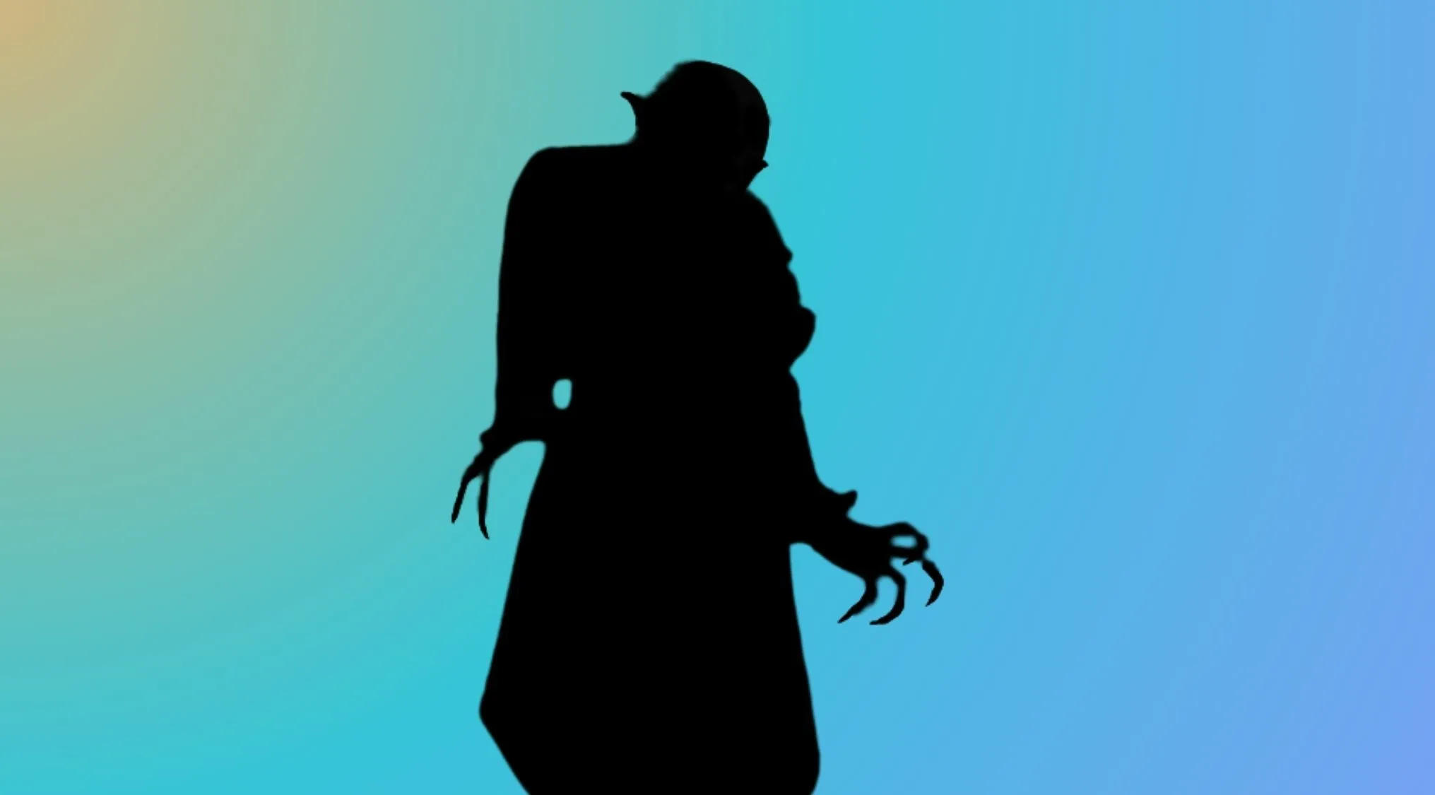 Horror film silhouette of a vampire-like character with long claws and fangs, standing ominously.
