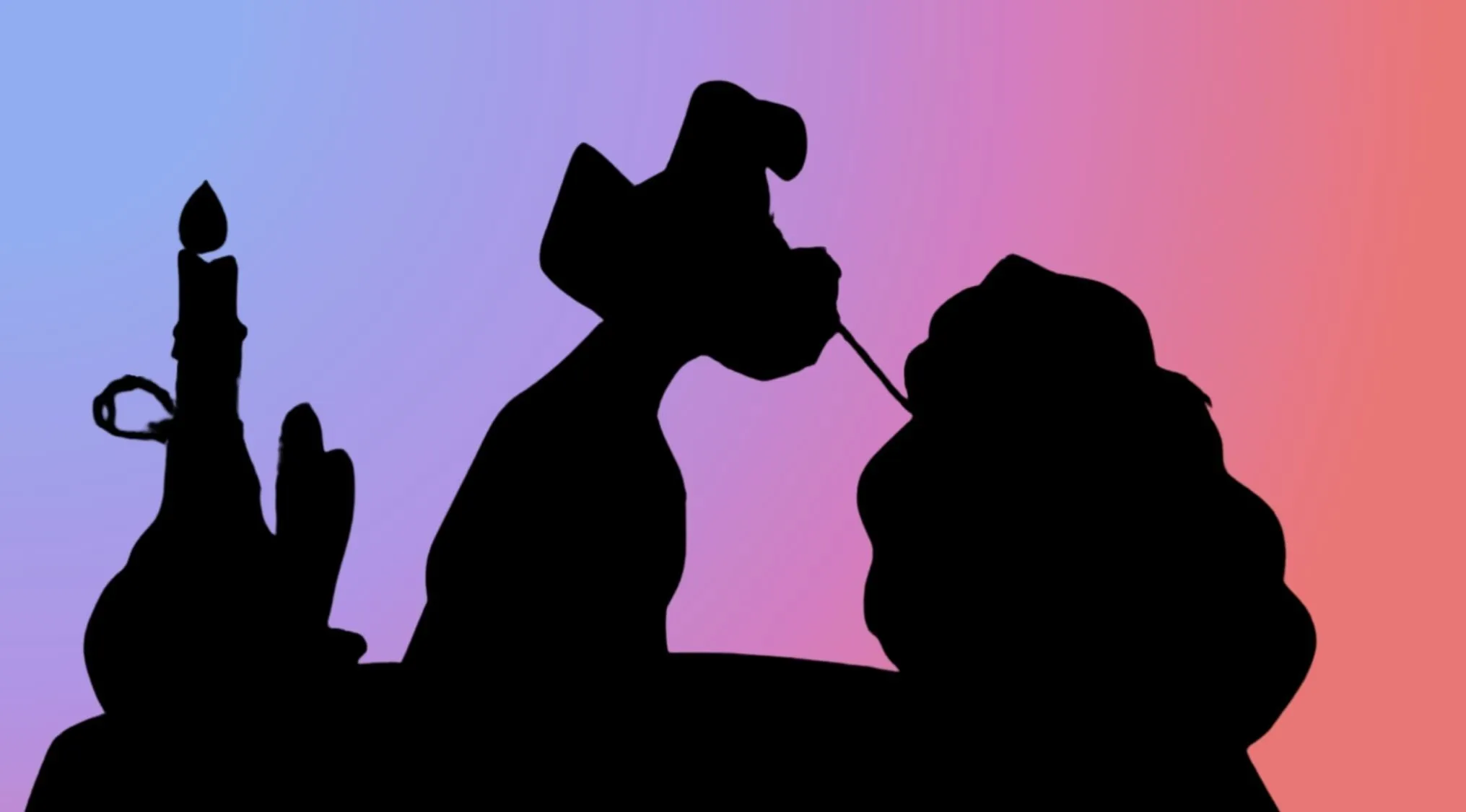 Character silhouettes of two dogs sharing spaghetti in a romantic scene from an animated film, against a colorful gradient.