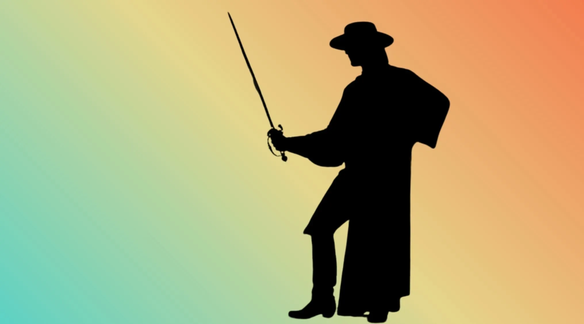 A male character silhouette with a wide-brimmed hat, cape, and sword, posing against a colorful gradient background.