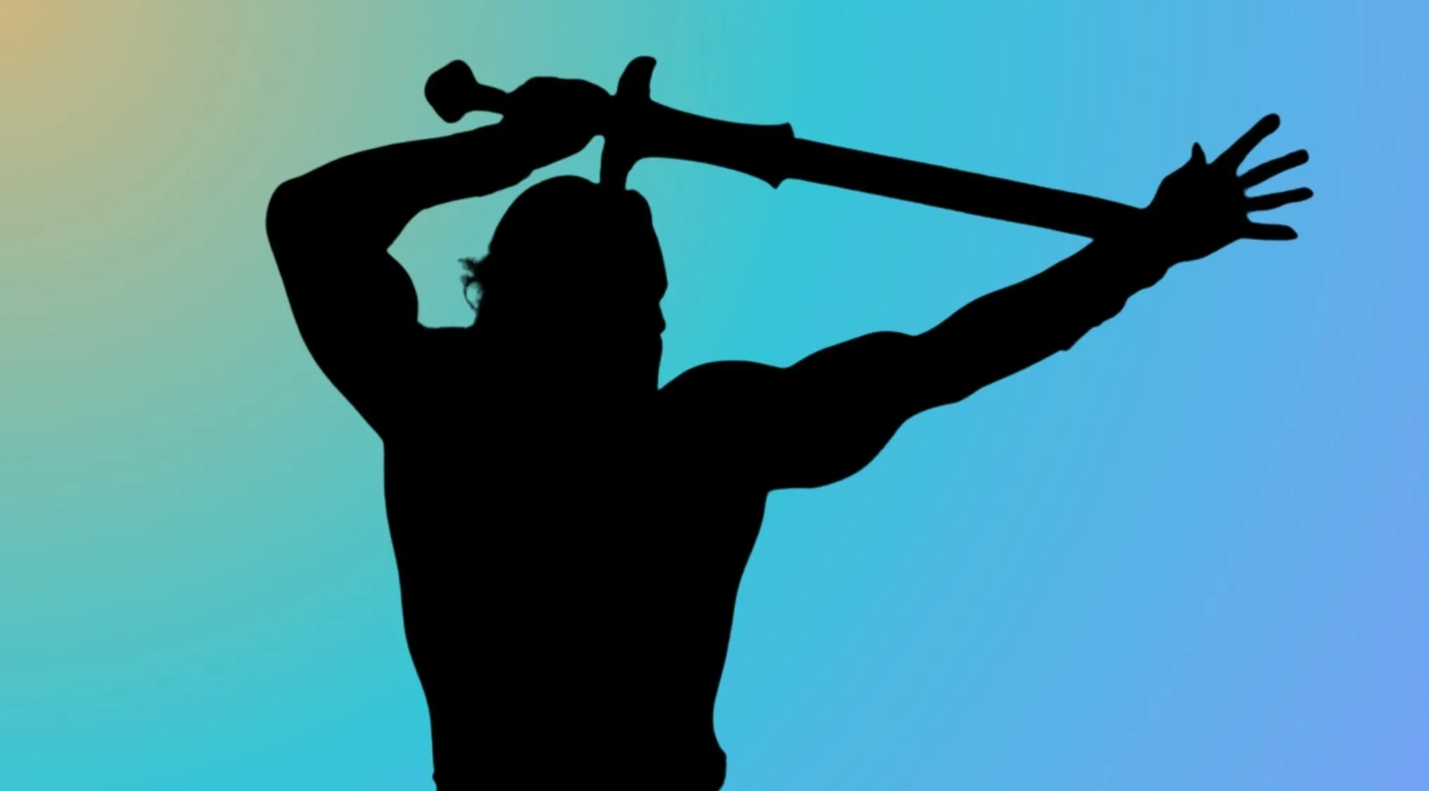 Part 5 character silhouette wielding a sword, with a gradient background, inviting viewers to name the character.