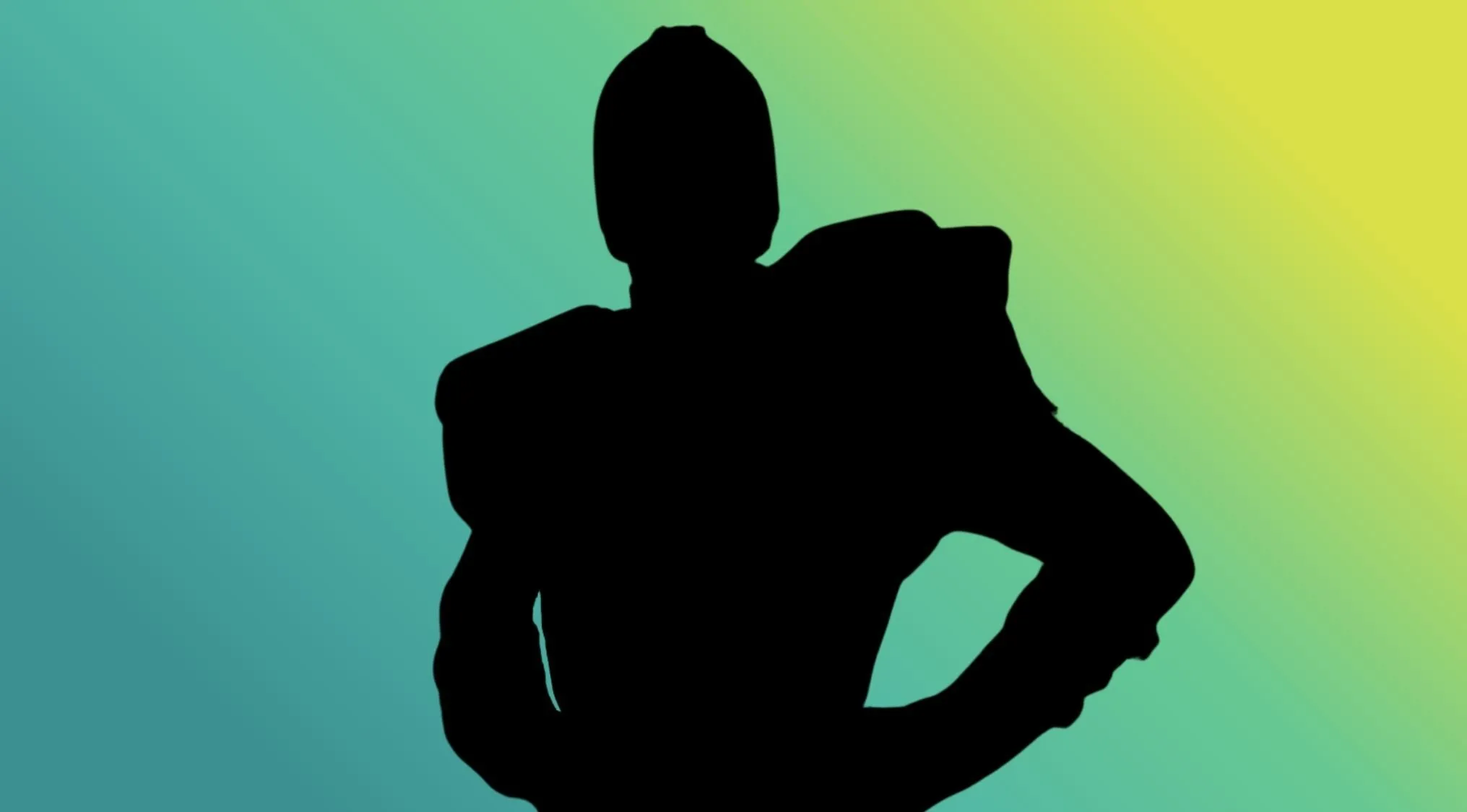 Part 5 character silhouette wearing shoulder pads and helmet, with a gradient background, inviting viewers to name the film.