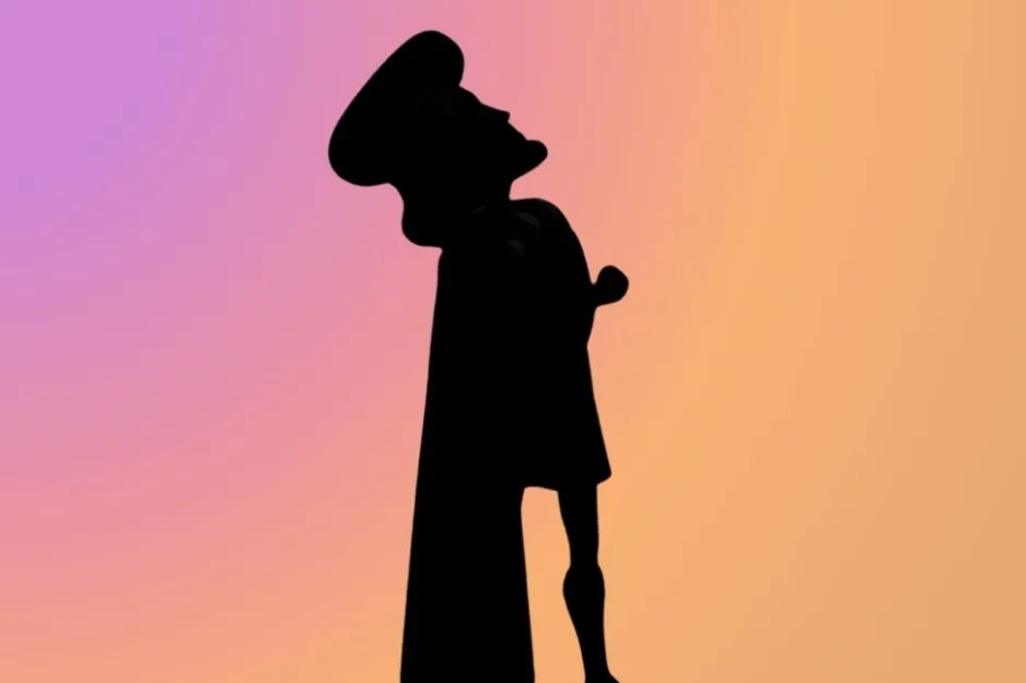 Silhouette of a character with a tall hat and cape, possibly Lord Farquaad, against a gradient background.