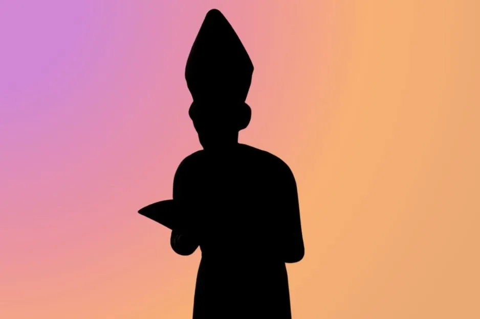 Silhouette of a character wearing a tall, pointed hat and holding a book, a potential Lord Farquaad silhouette.