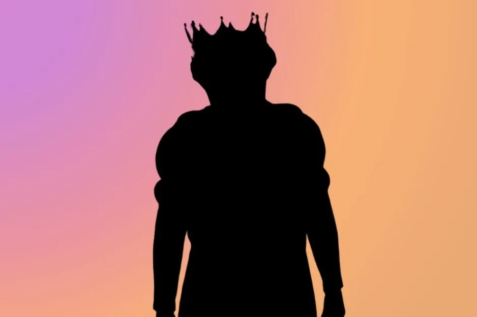 Silhouette of a character wearing a crown and regal attire, hinting at Lord Farquaad or royalty.