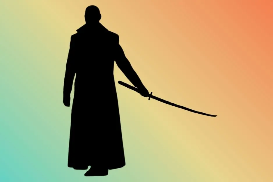 Silhouette of Morpheus in a long coat, holding a sword, ready for action.