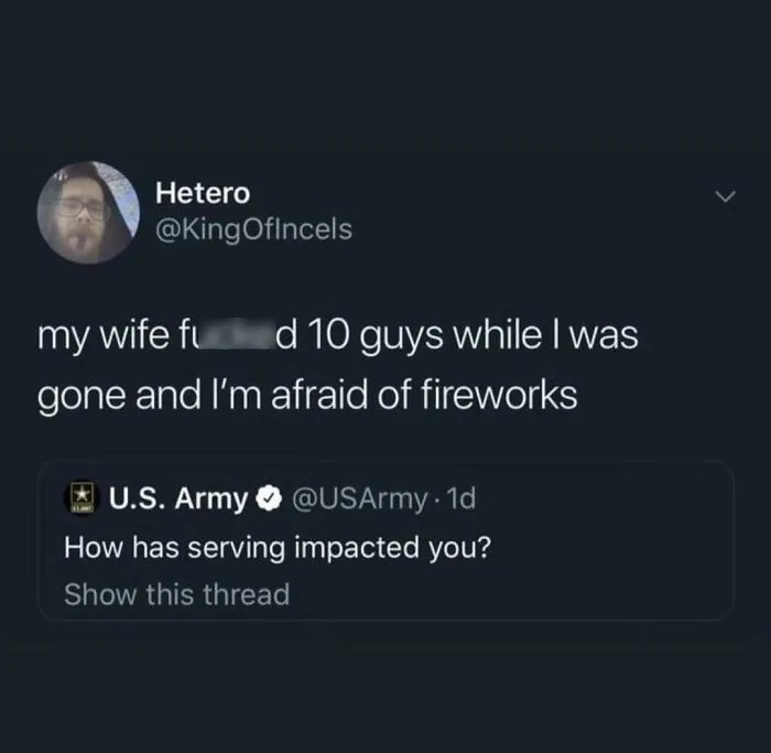 A meme of a humorous tweet conversation between 'Hetero' and 'U.S. Army' about serving and fireworks.