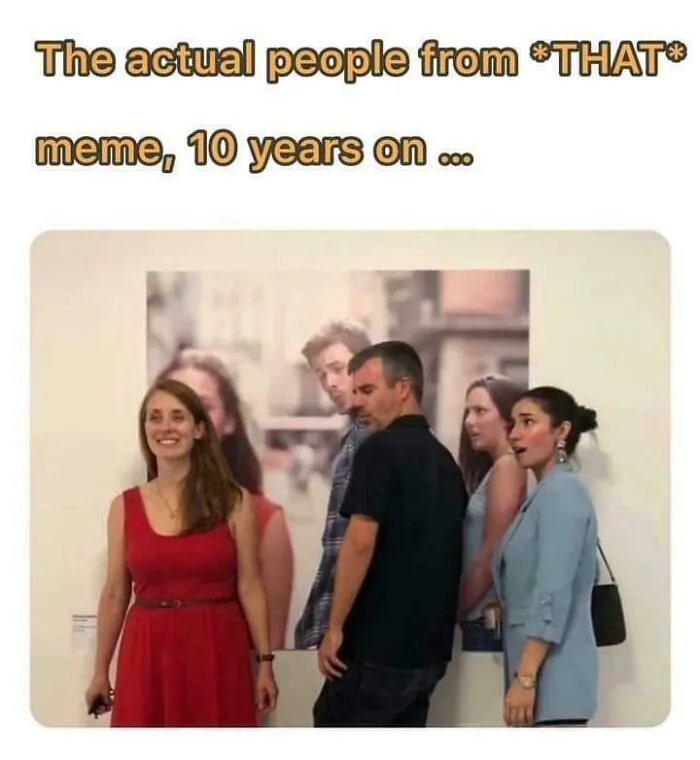 A meme showing the actual people from the Distracted Boyfriend meme, 10 years on, posing in front of their original viral image.