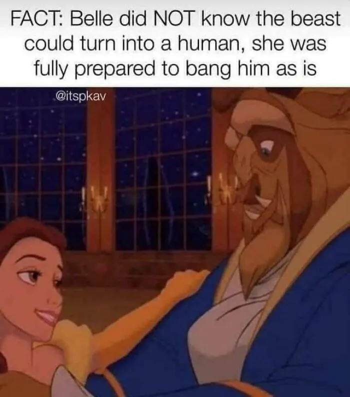 A humorous meme featuring Belle and the Beast from Beauty and the Beast, with text about Belle's readiness for the Beast.