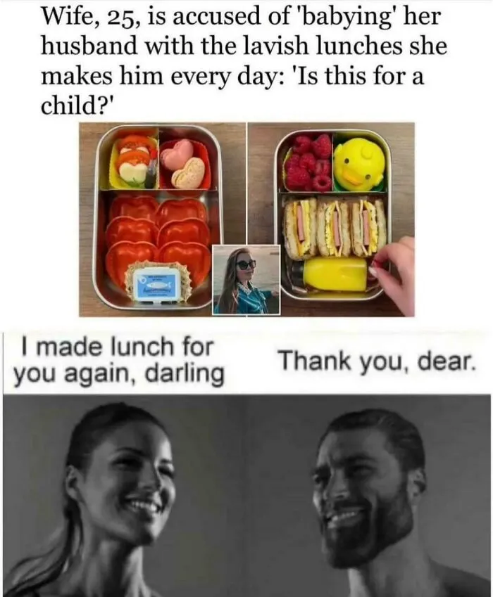 A meme about a wife accused of babying her husband with lavish lunches, featuring a bento box and two people.
