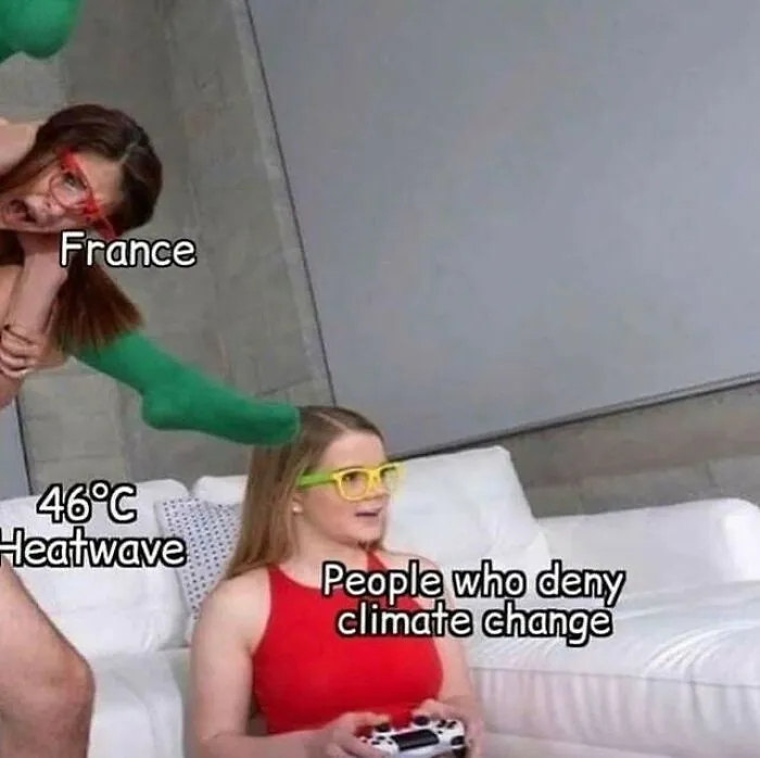 A meme depicts France as a woman hitting another labeled People who deny climate change with a Heatwave.