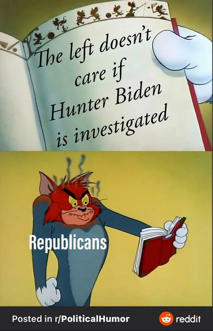 A political meme of Tom from Tom and Jerry cartoon, depicting political memes about Hunter Biden.