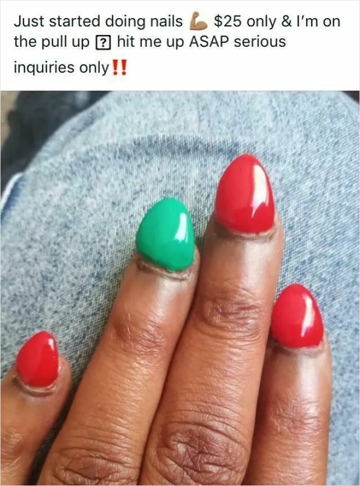 A hand with poorly applied red and green nail polish, with polish on the cuticles, indicating a bad beauty salon experience.