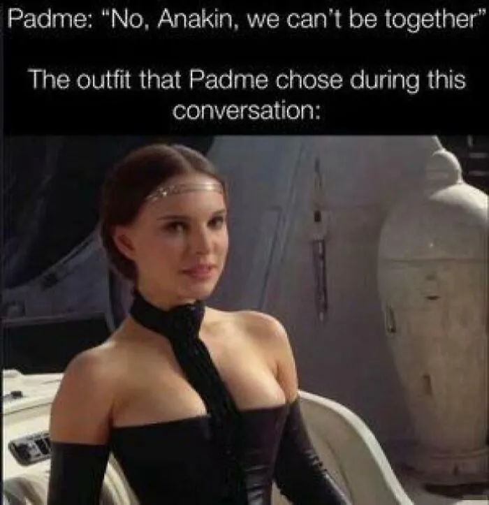 A Star Wars meme of Padme in a revealing outfit, depicting funny memes about movie scenes.