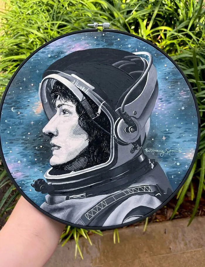 Astronaut portrait in starry space, creative embroidery projects