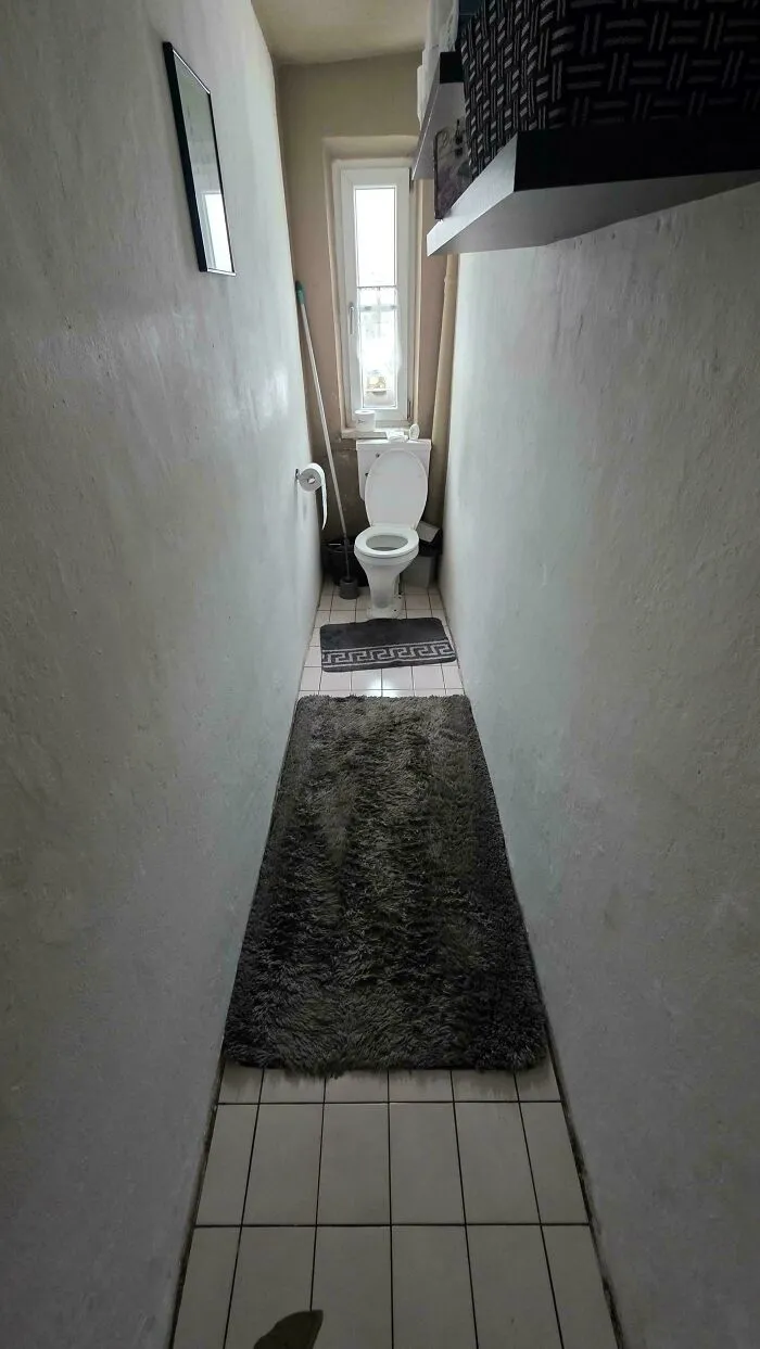 An unhinged real estate listing showing a very narrow, confined bathroom with a toilet at the far end and a long rug.