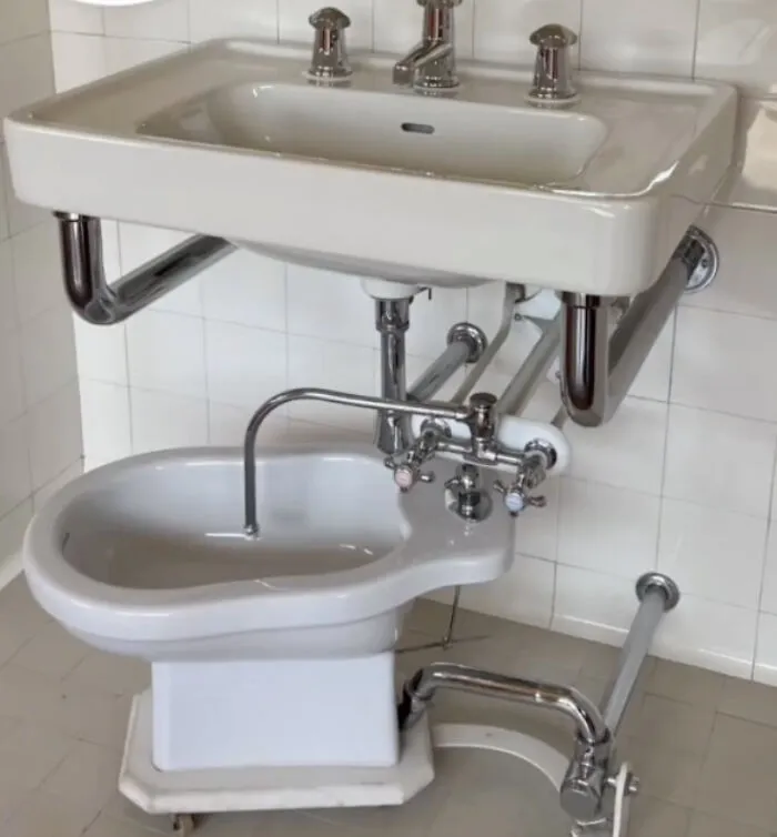 An unhinged real estate listing featuring an unusual bathroom setup with a sink directly above a bidet.