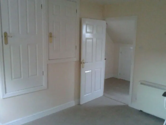 A small room with multiple doors, one leading to another cramped space, from unhinged real estate listings.