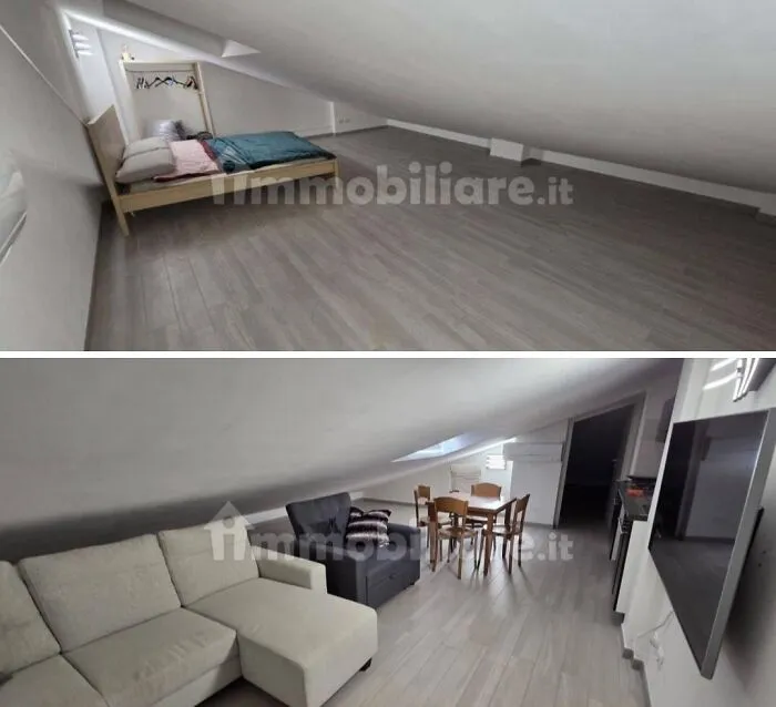 An unhinged real estate listing featuring two photos of an attic room, one with a bed and the other with a sofa and dining table.