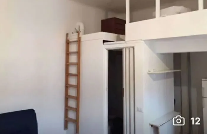 A small, unhinged real estate listing with a loft bed accessed by a wooden ladder.